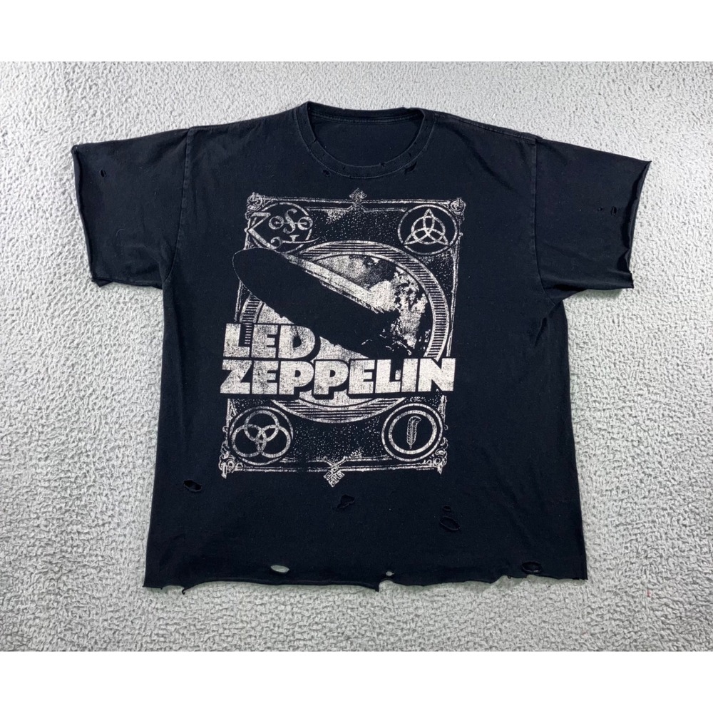 Led Zeppelin Graphic T-Shirt Men XL Black Distressed Cut Sleeve Rock Band‎ Tee